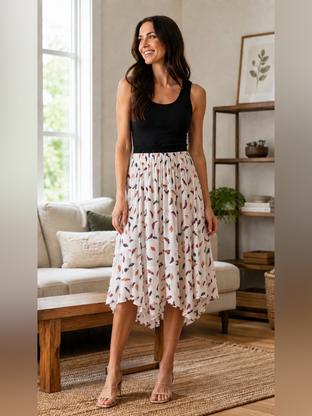 H&M Knee Length Asymmetrical Pleated Skirt with Feather Print